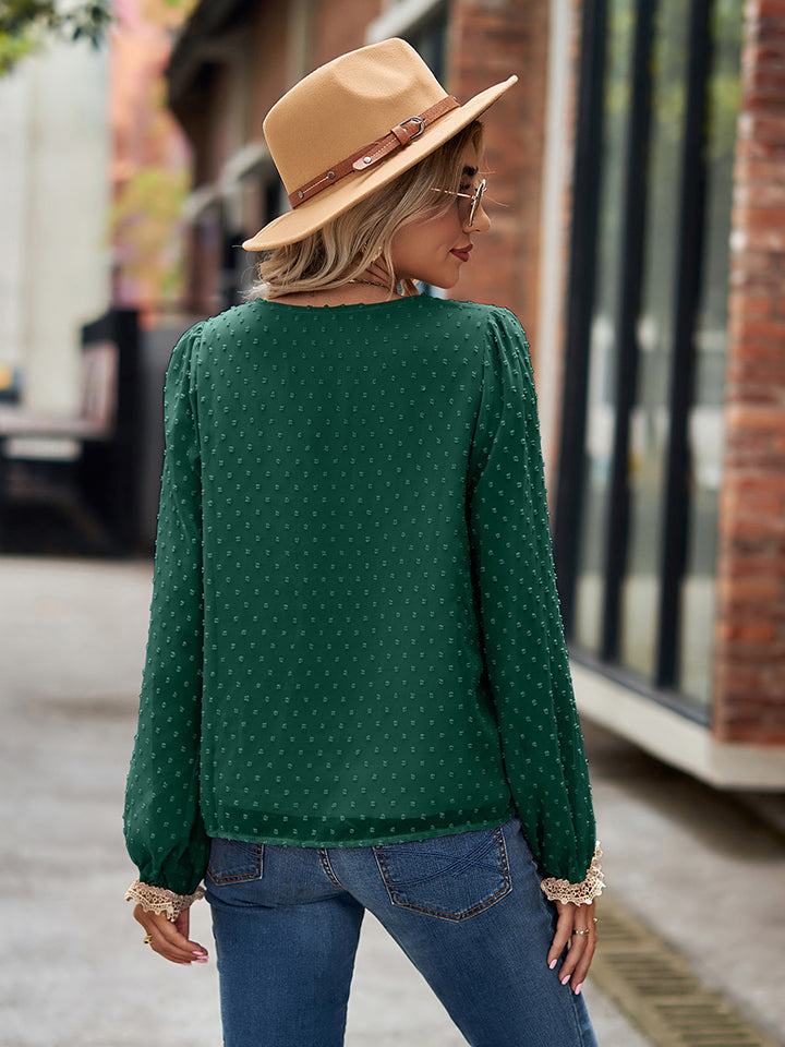 Swiss Dot V-Neck Long Sleeve Blouse BLUE ZONE PLANET