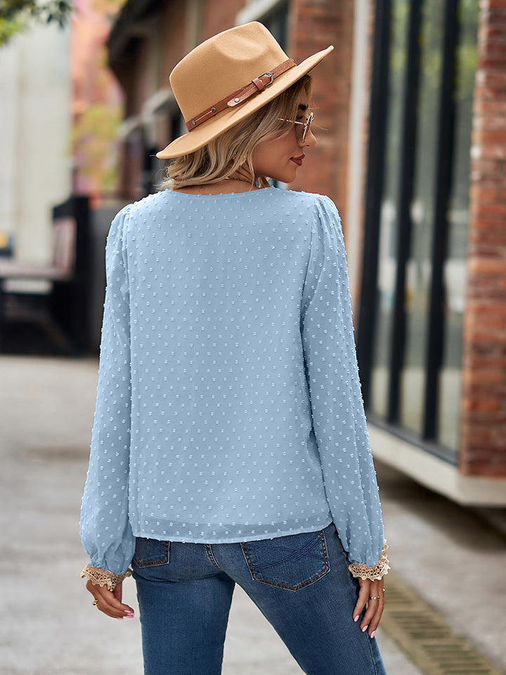 Swiss Dot V-Neck Long Sleeve Blouse BLUE ZONE PLANET