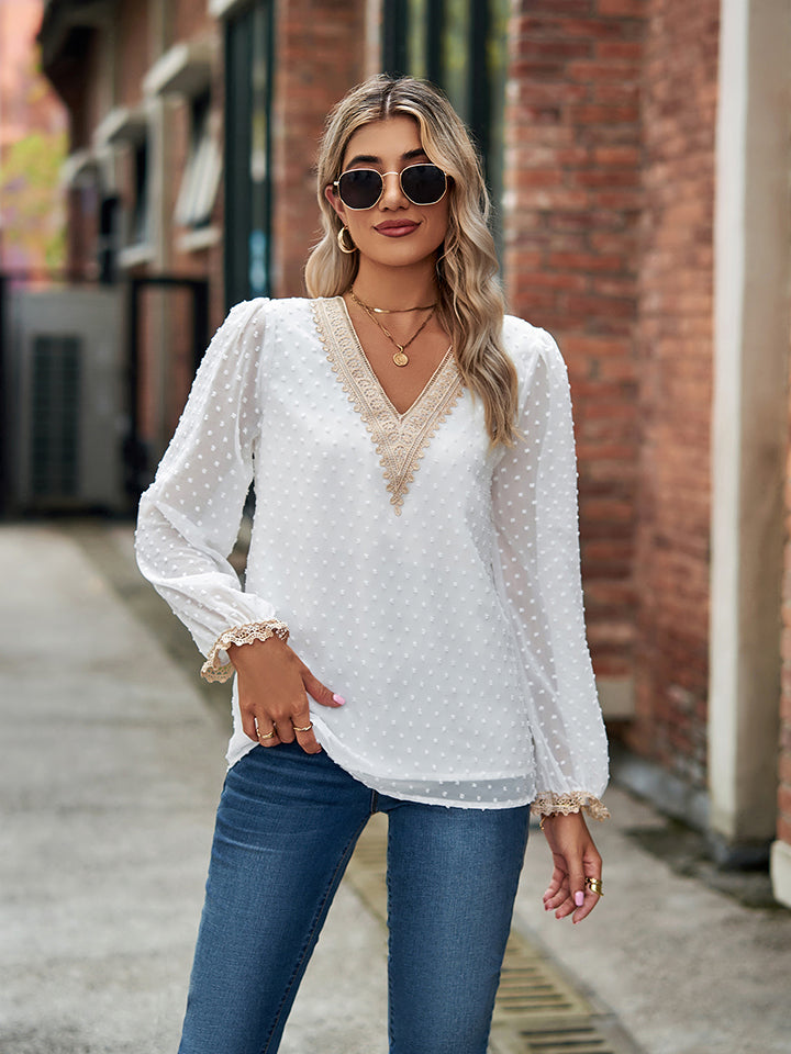 Swiss Dot V-Neck Long Sleeve Blouse BLUE ZONE PLANET