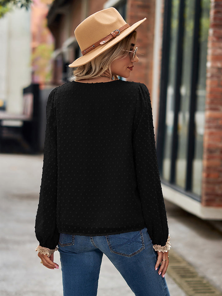 Swiss Dot V-Neck Long Sleeve Blouse BLUE ZONE PLANET