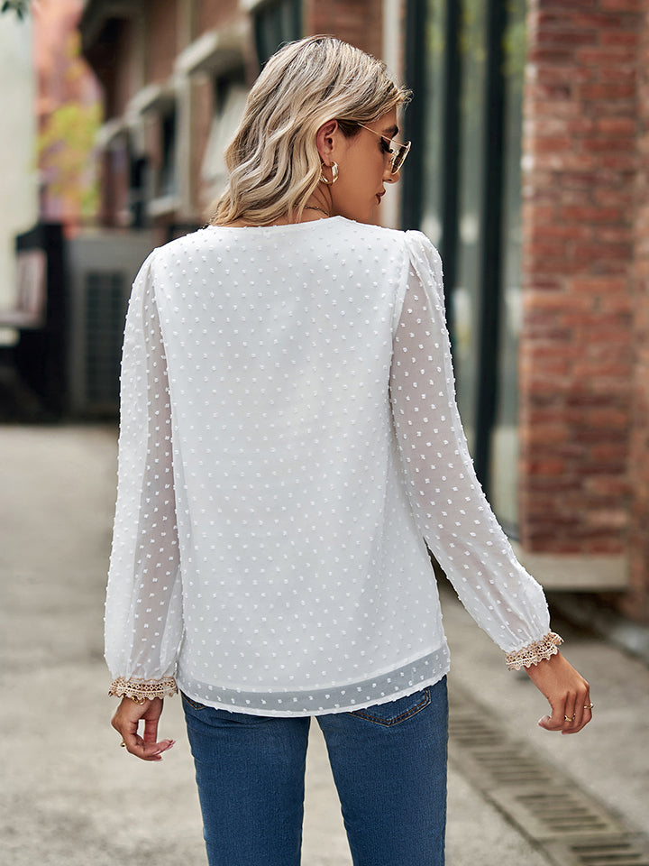 Swiss Dot V-Neck Long Sleeve Blouse BLUE ZONE PLANET