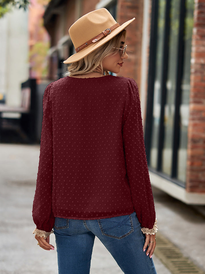 Swiss Dot V-Neck Long Sleeve Blouse BLUE ZONE PLANET