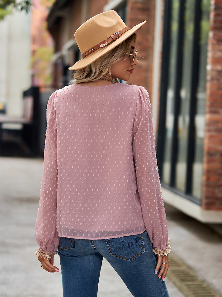 Swiss Dot V-Neck Long Sleeve Blouse BLUE ZONE PLANET