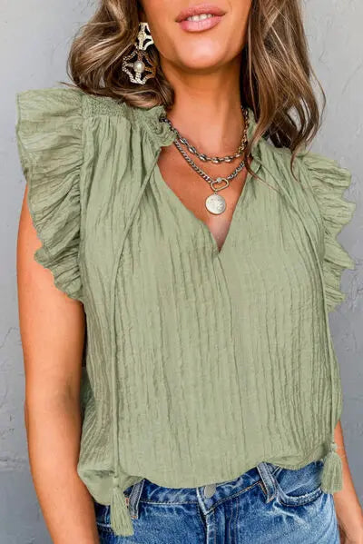 Tassel Tie Neck Flutter Sleeve Textured Blouse BLUE ZONE PLANET
