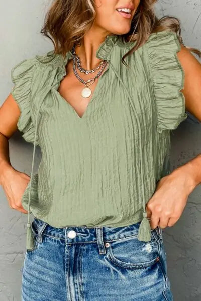 Tassel Tie Neck Flutter Sleeve Textured Blouse BLUE ZONE PLANET