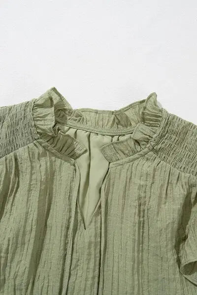 Tassel Tie Neck Flutter Sleeve Textured Blouse BLUE ZONE PLANET