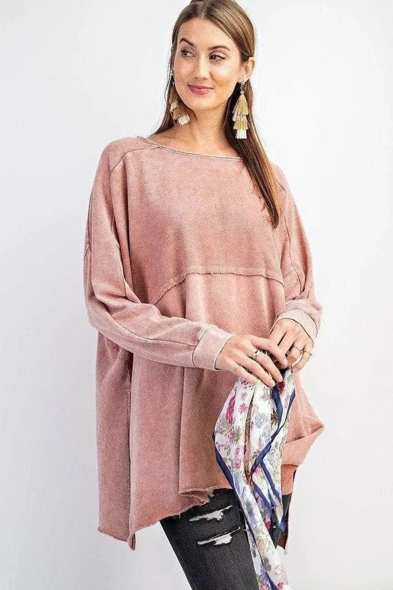 Terry Knit Upside Down Detailing Side Slits Pullover Tunic Blue Zone Planet