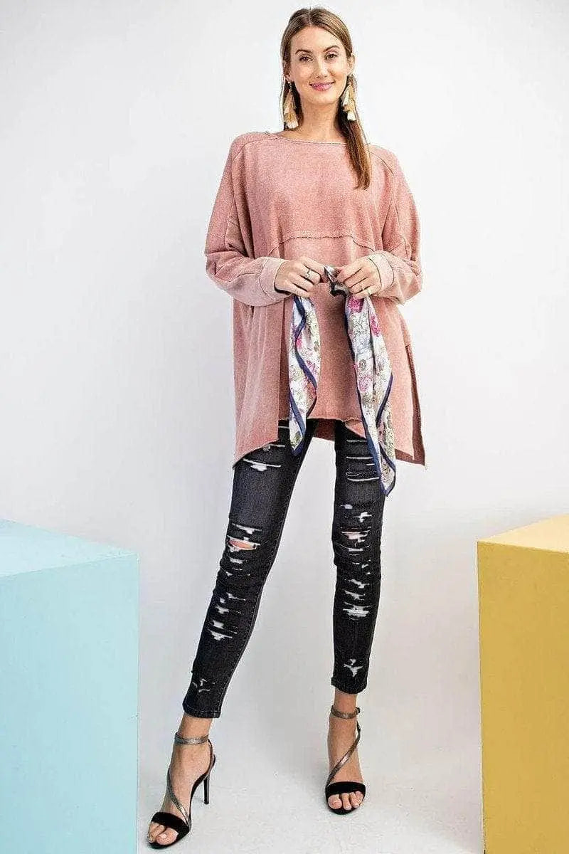 Terry Knit Upside Down Detailing Side Slits Pullover Tunic Blue Zone Planet