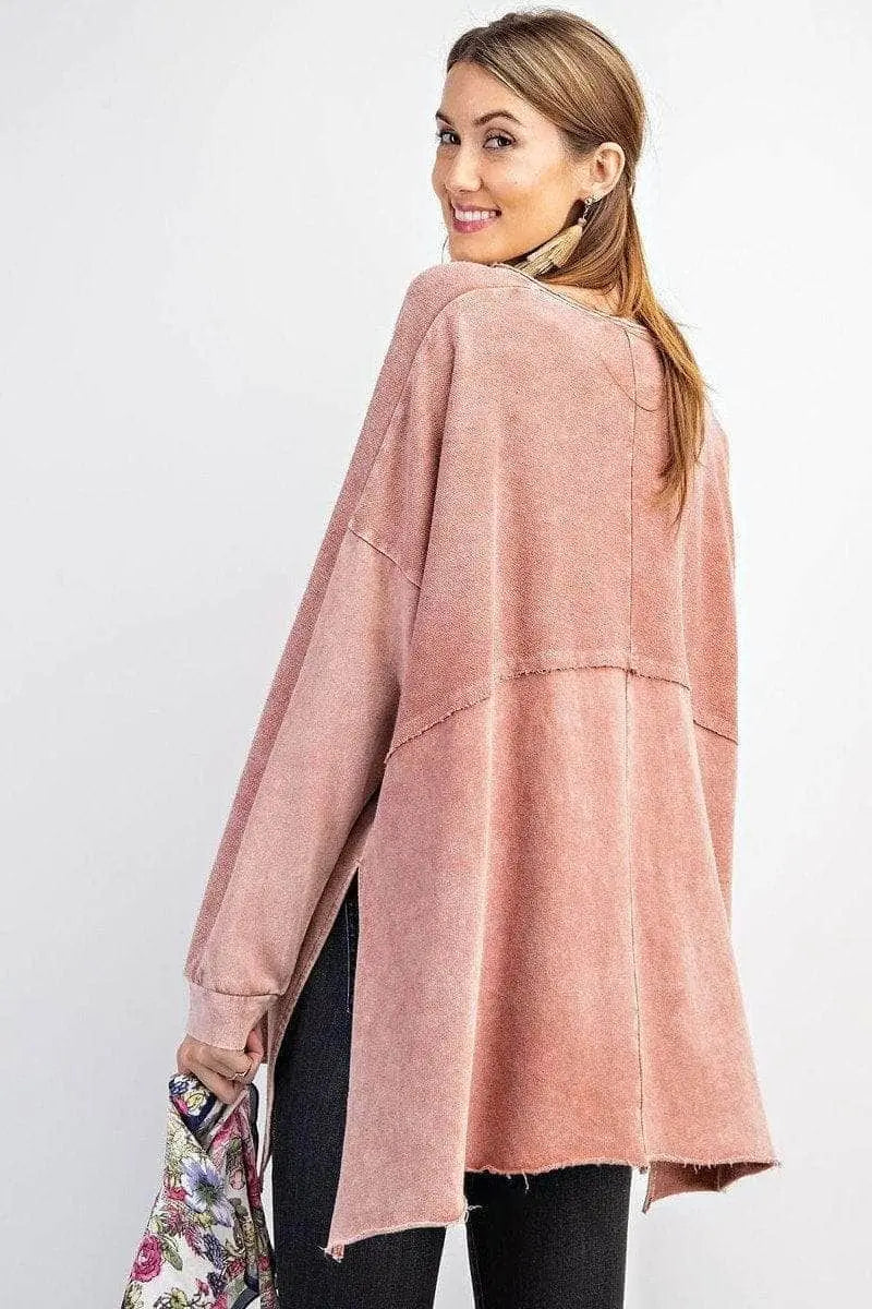 Terry Knit Upside Down Detailing Side Slits Pullover Tunic Blue Zone Planet