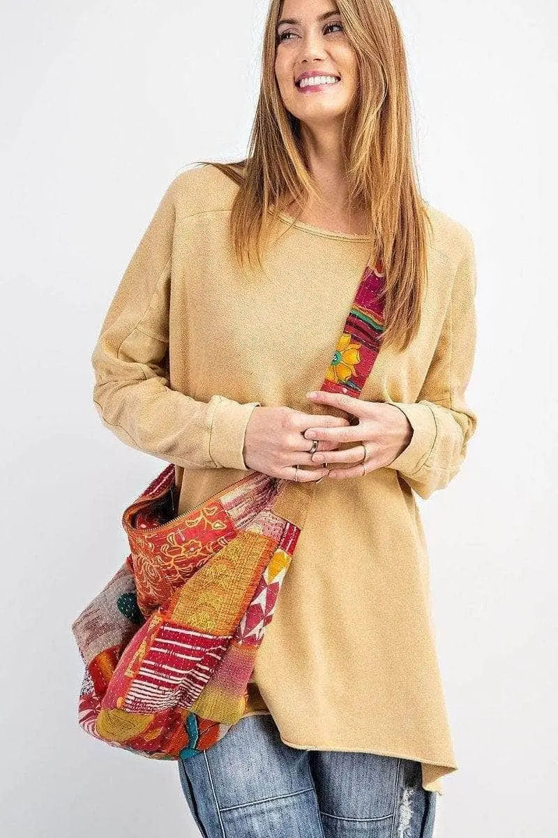 Terry Knit Upside Down Detailing Side Slits Pullover Tunic Blue Zone Planet