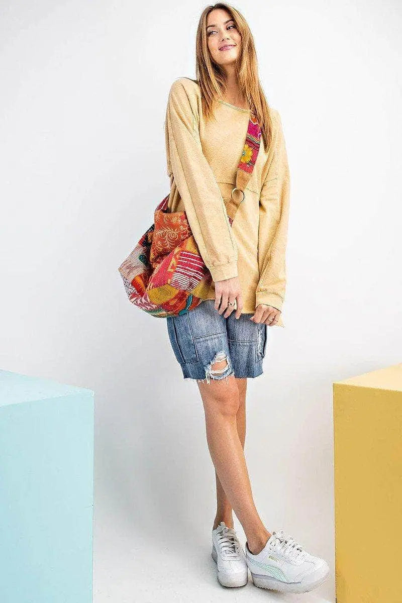 Terry Knit Upside Down Detailing Side Slits Pullover Tunic Blue Zone Planet