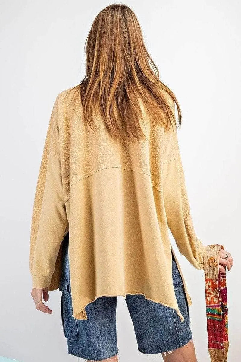 Terry Knit Upside Down Detailing Side Slits Pullover Tunic Blue Zone Planet