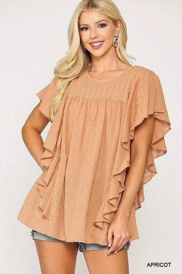 Textured Ruffle Sleeve Tunic Top With Back Keyhole Blue Zone Planet