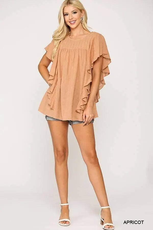 Textured Ruffle Sleeve Tunic Top With Back Keyhole Blue Zone Planet