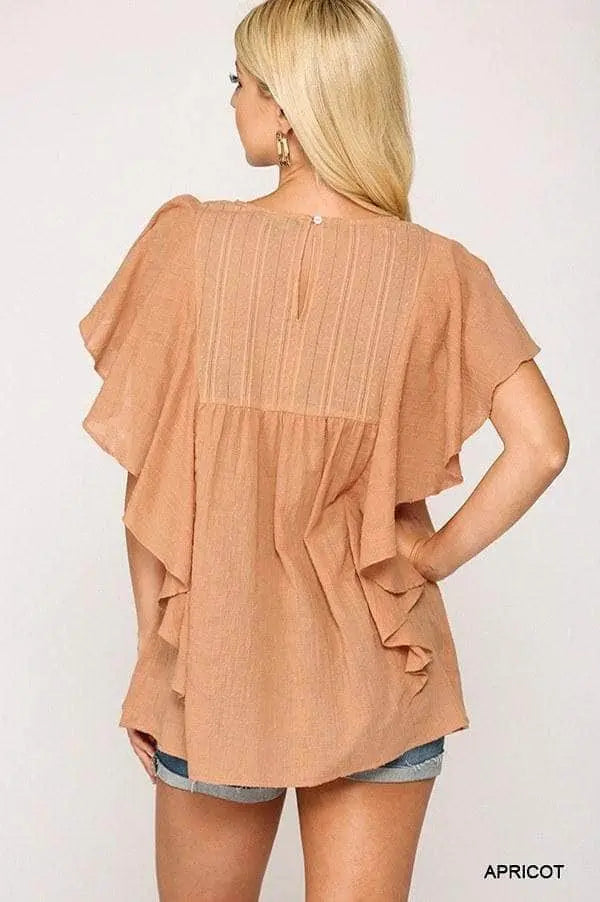 Textured Ruffle Sleeve Tunic Top With Back Keyhole Blue Zone Planet