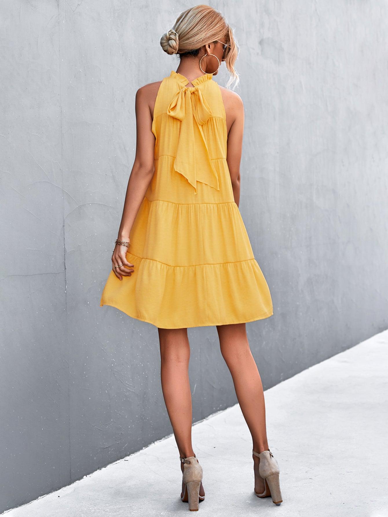 Tie Back Mock Neck Tiered Dress BLUE ZONE PLANET