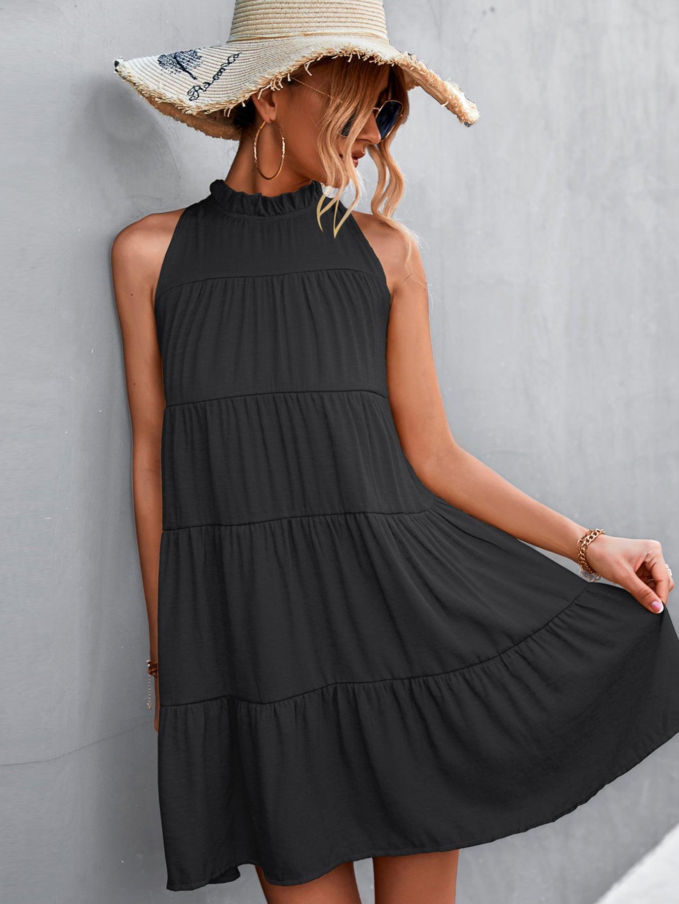 Tie Back Mock Neck Tiered Dress BLUE ZONE PLANET