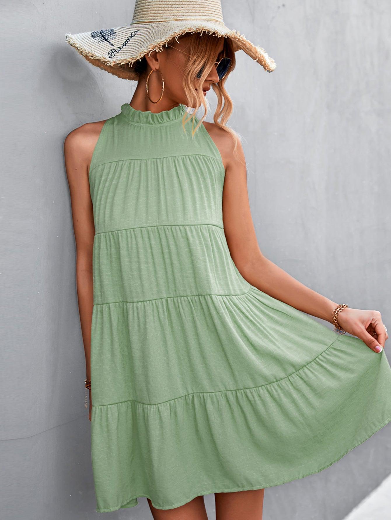 Tie Back Mock Neck Tiered Dress BLUE ZONE PLANET