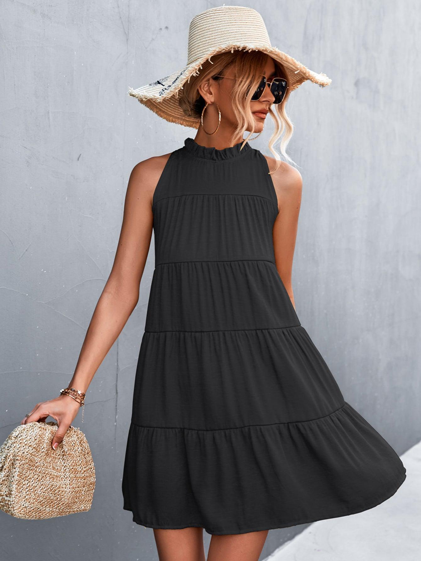 Tie Back Mock Neck Tiered Dress BLUE ZONE PLANET