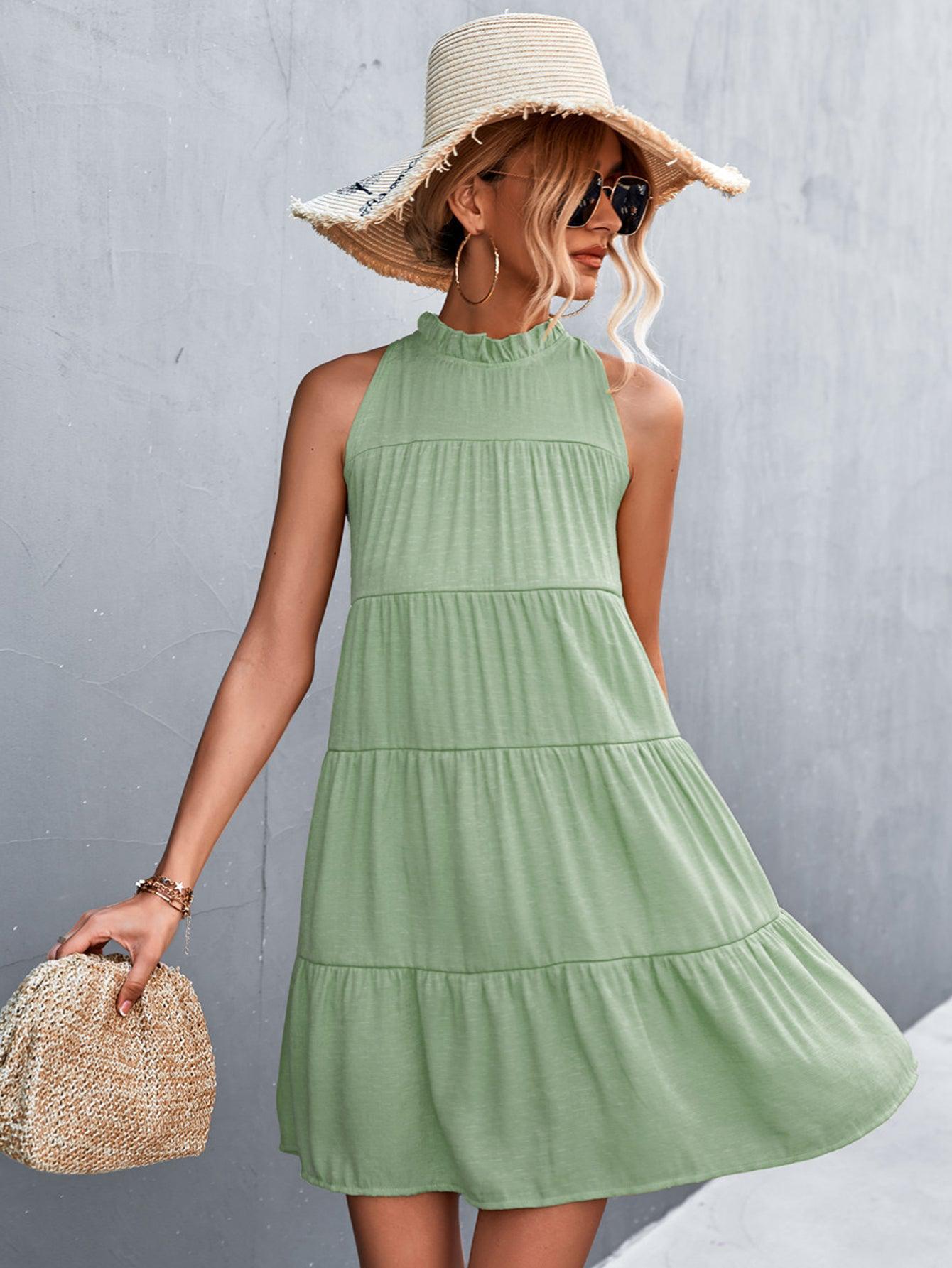 Tie Back Mock Neck Tiered Dress BLUE ZONE PLANET