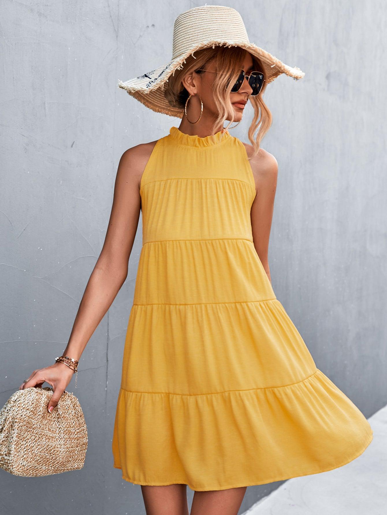 Tie Back Mock Neck Tiered Dress BLUE ZONE PLANET