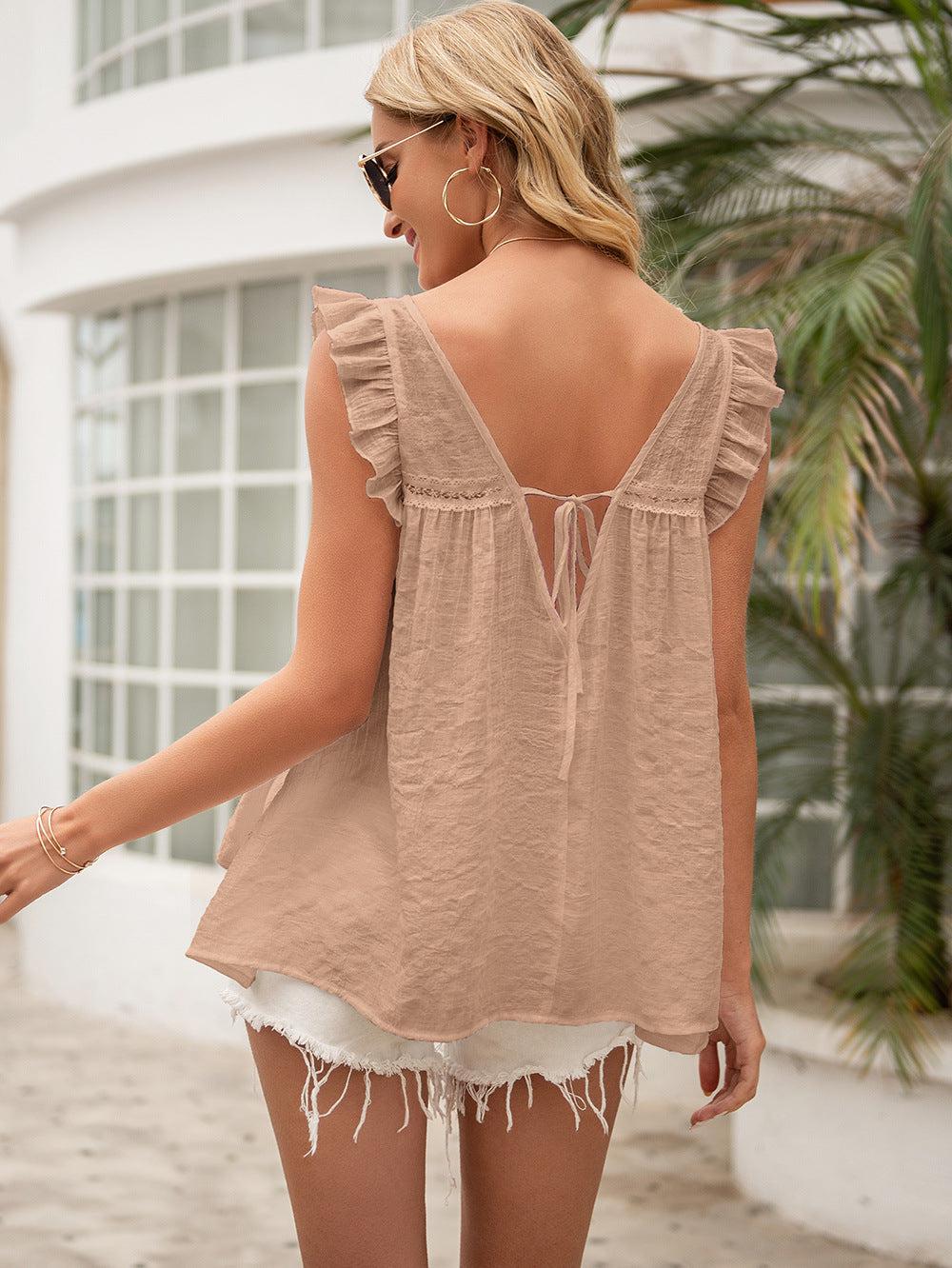 Tie Back V-Neck Ruffled Blouse BLUE ZONE PLANET