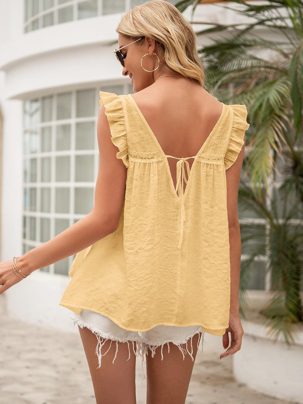 Tie Back V-Neck Ruffled Blouse BLUE ZONE PLANET