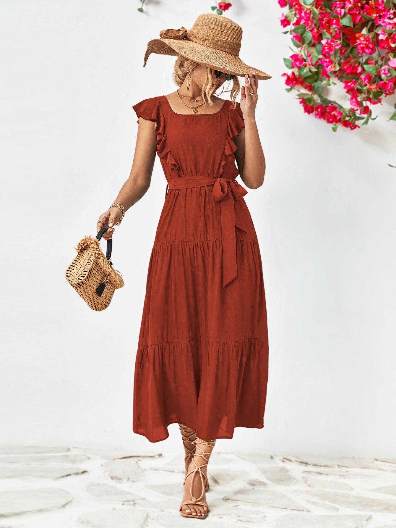 Tie Belt Ruffled Tiered Dress BLUE ZONE PLANET