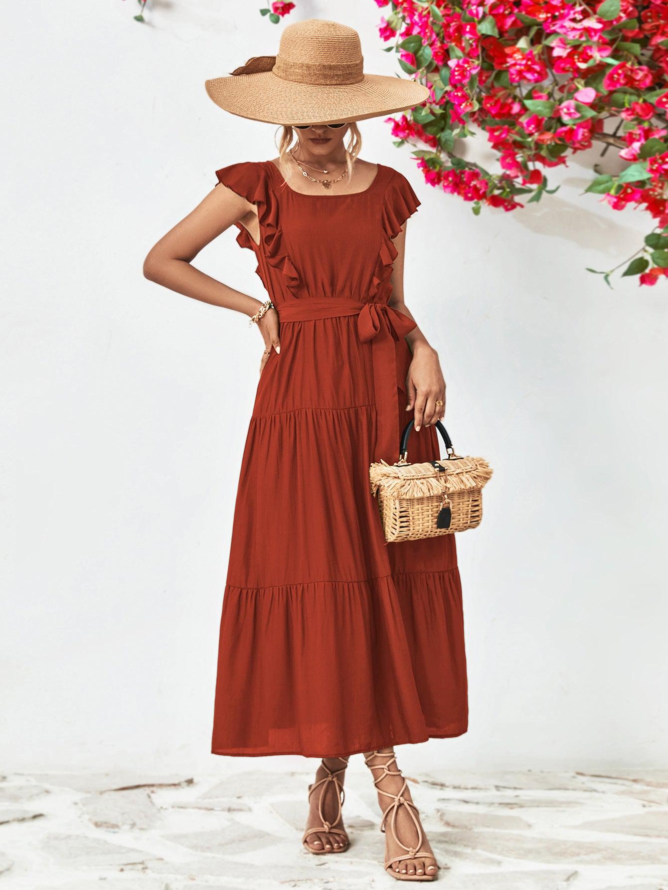 Tie Belt Ruffled Tiered Dress BLUE ZONE PLANET