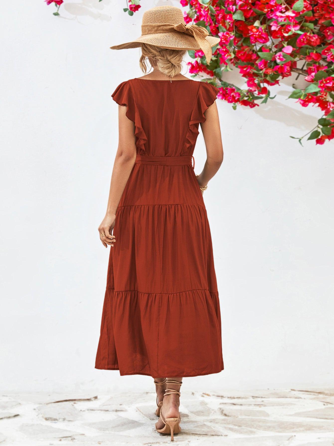 Tie Belt Ruffled Tiered Dress BLUE ZONE PLANET