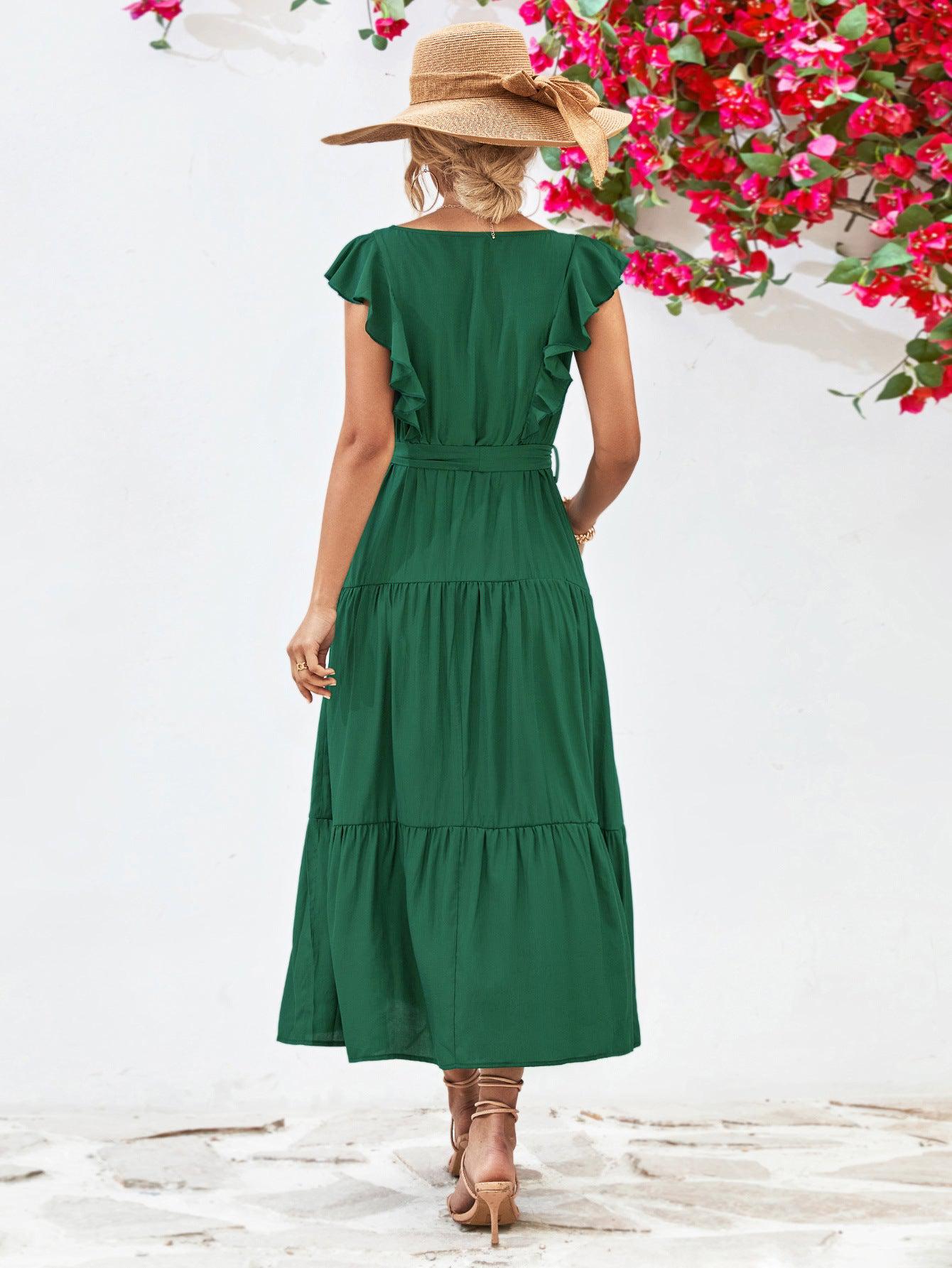 Tie Belt Ruffled Tiered Dress BLUE ZONE PLANET