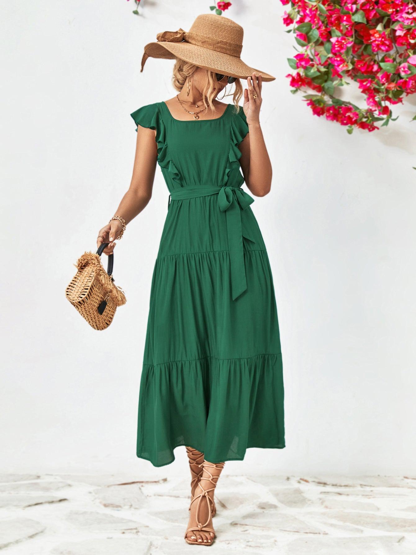 Tie Belt Ruffled Tiered Dress BLUE ZONE PLANET