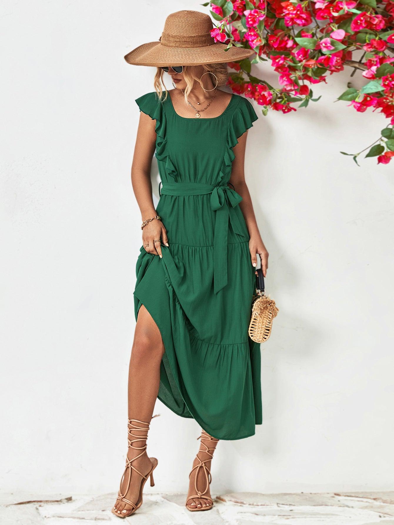 Tie Belt Ruffled Tiered Dress BLUE ZONE PLANET