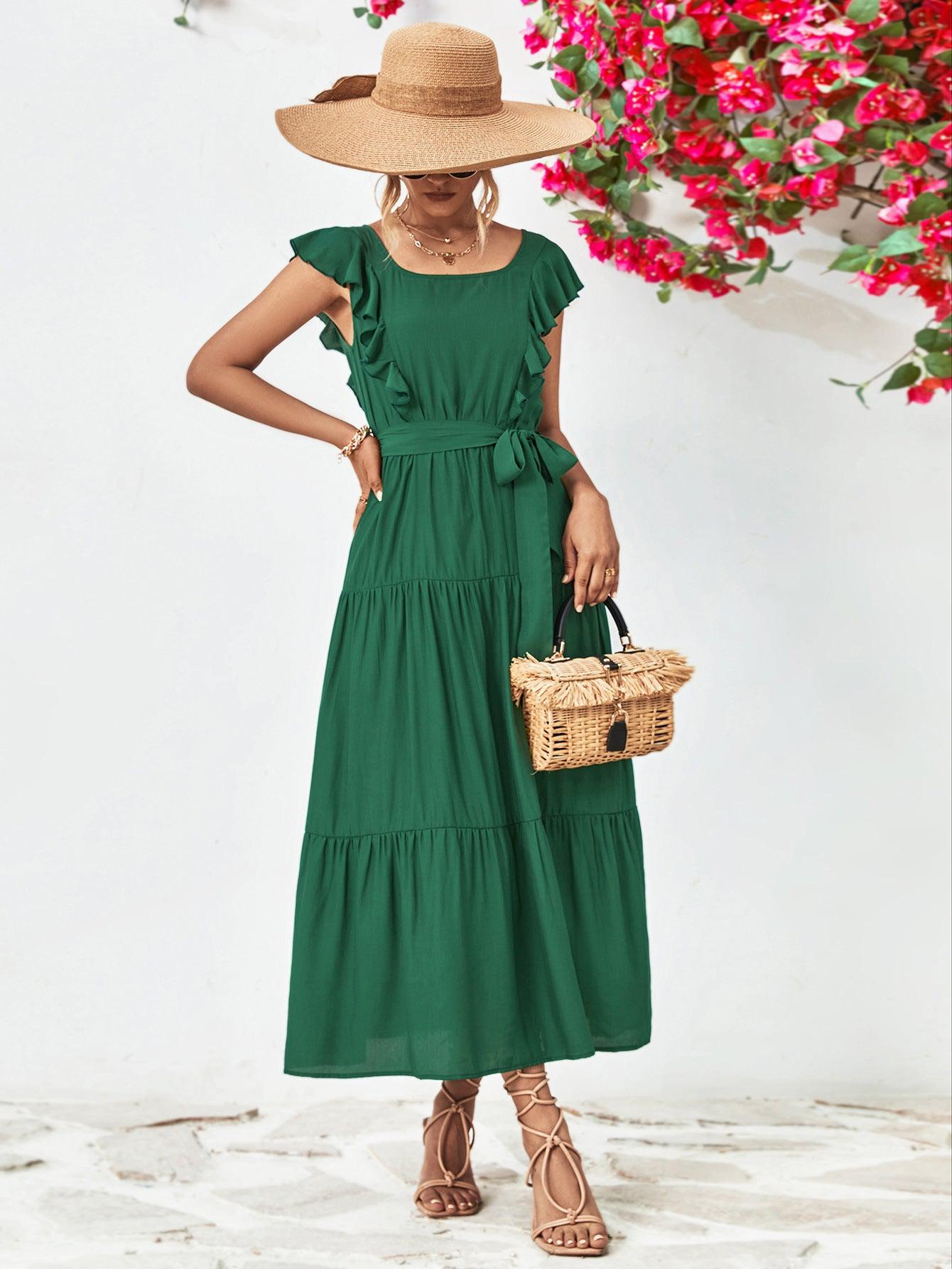 Tie Belt Ruffled Tiered Dress BLUE ZONE PLANET