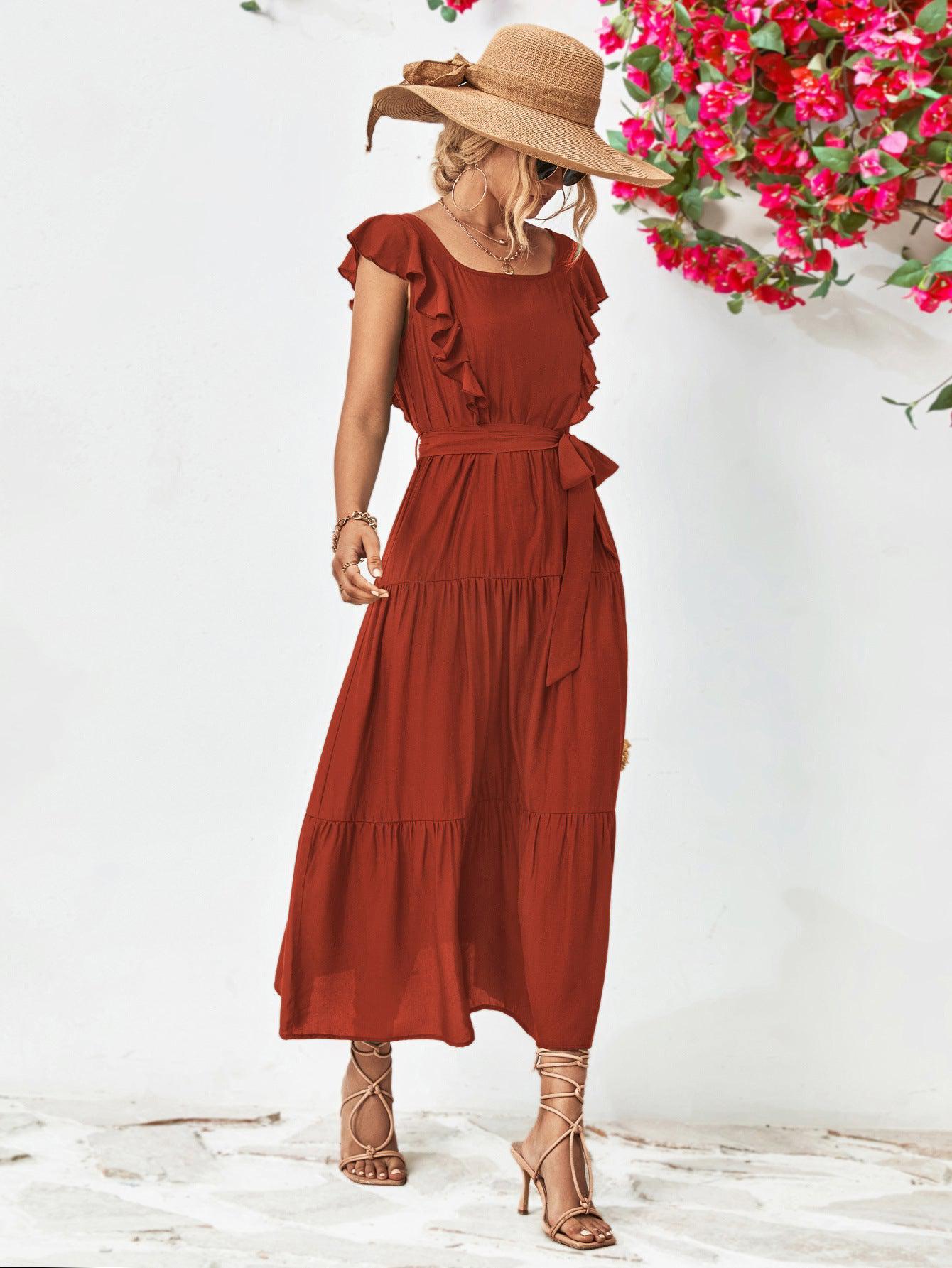 Tie Belt Ruffled Tiered Dress BLUE ZONE PLANET
