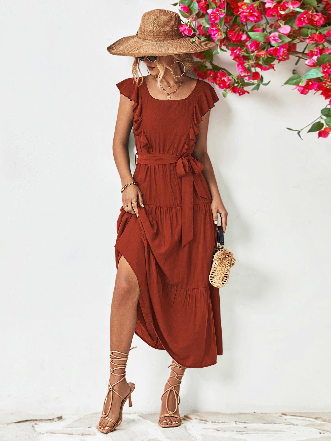 Tie Belt Ruffled Tiered Dress BLUE ZONE PLANET