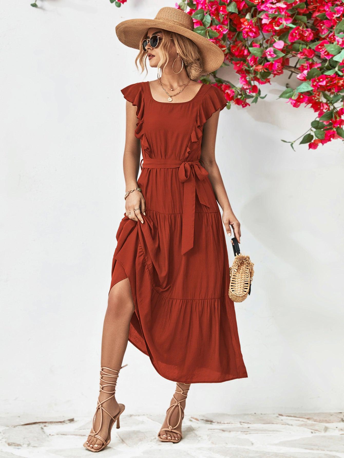 Tie Belt Ruffled Tiered Dress BLUE ZONE PLANET