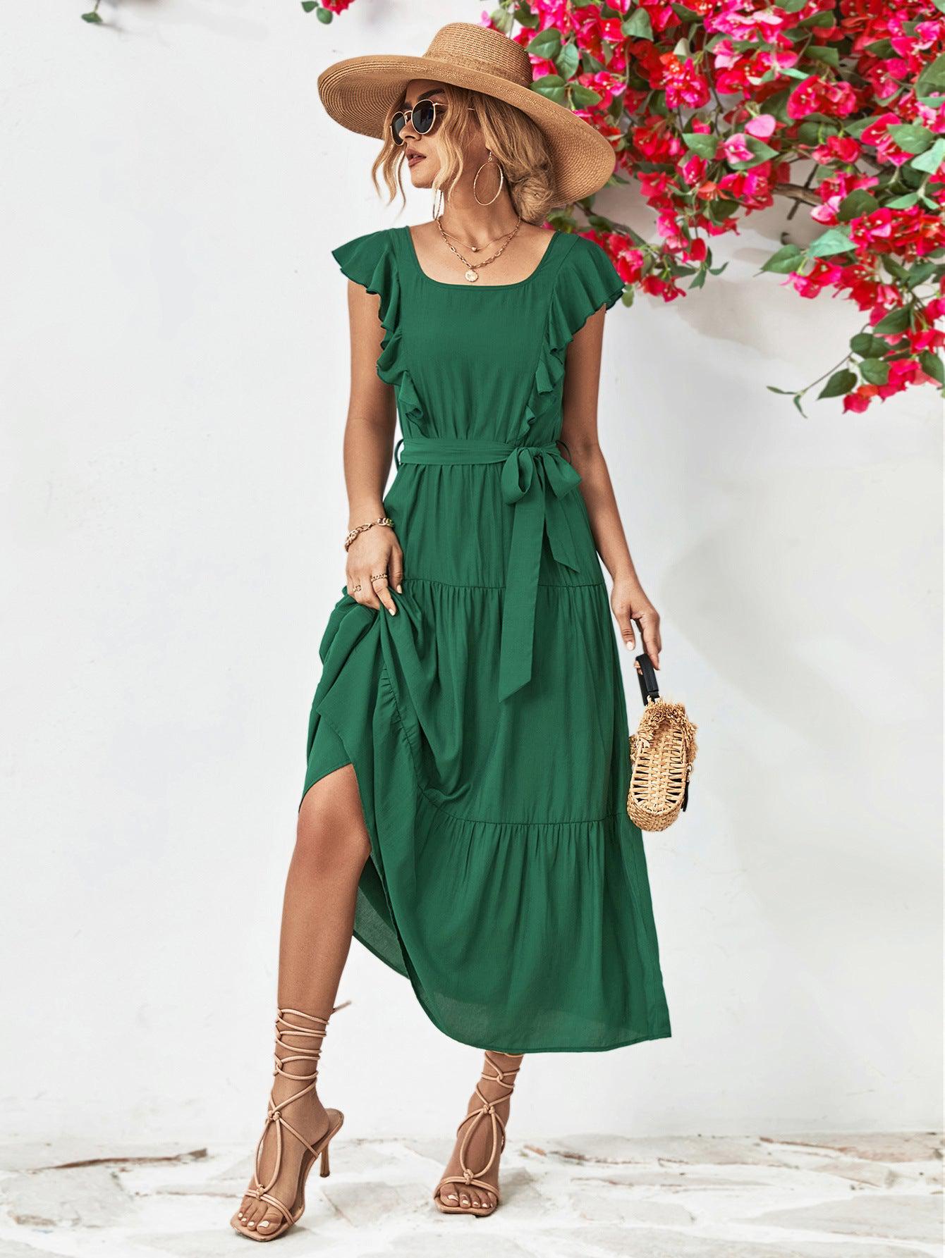Tie Belt Ruffled Tiered Dress BLUE ZONE PLANET