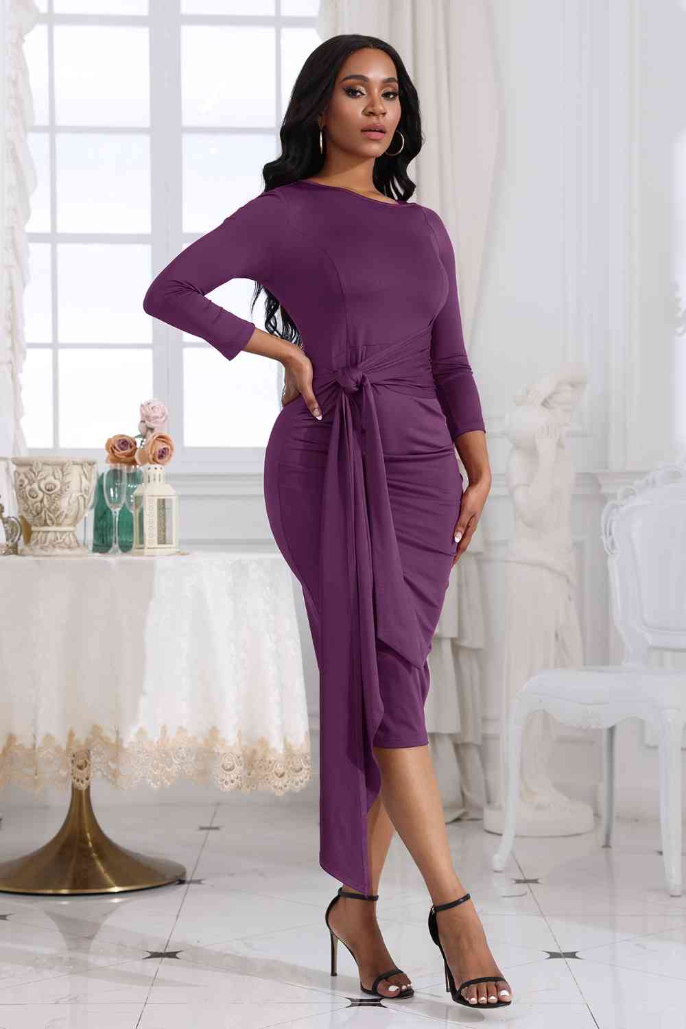 Tie Detail Round Neck Midi Dress BLUE ZONE PLANET