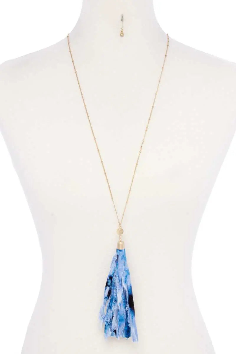 Tie Dye Fabric Tassel Necklace Blue Zone Planet