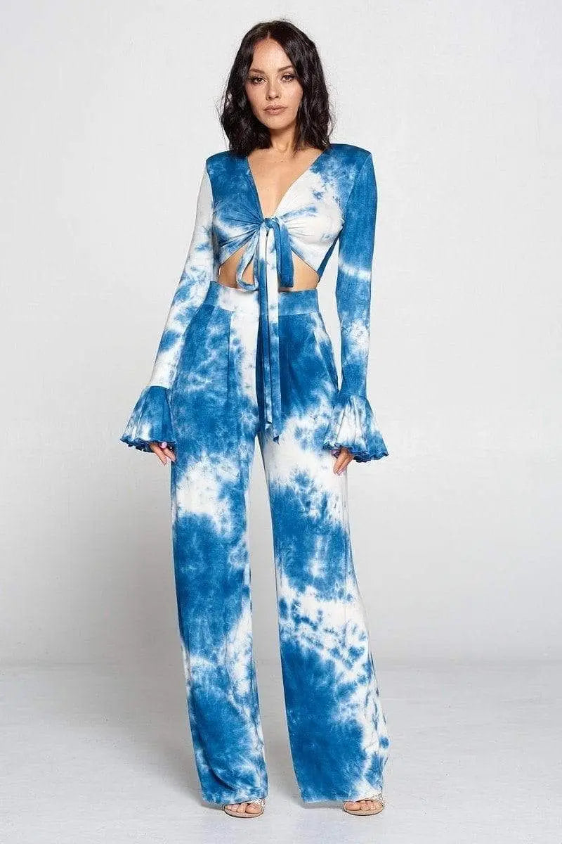 Tie-Dye Front Tie Top And Wide Leg Pants Set Blue Zone Planet