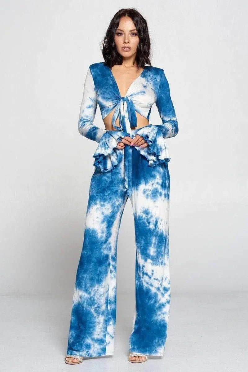 Tie-Dye Front Tie Top And Wide Leg Pants Set Blue Zone Planet