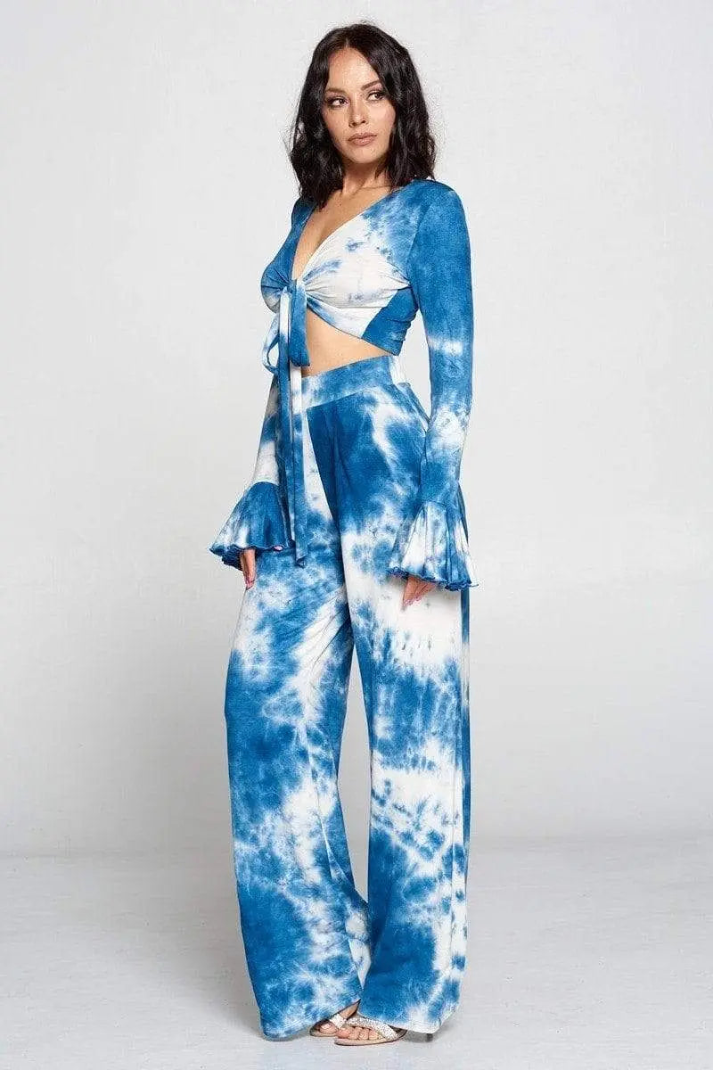 Tie-Dye Front Tie Top And Wide Leg Pants Set Blue Zone Planet