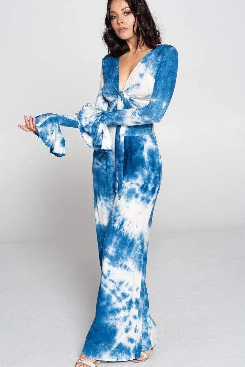 Tie-Dye Front Tie Top And Wide Leg Pants Set Blue Zone Planet
