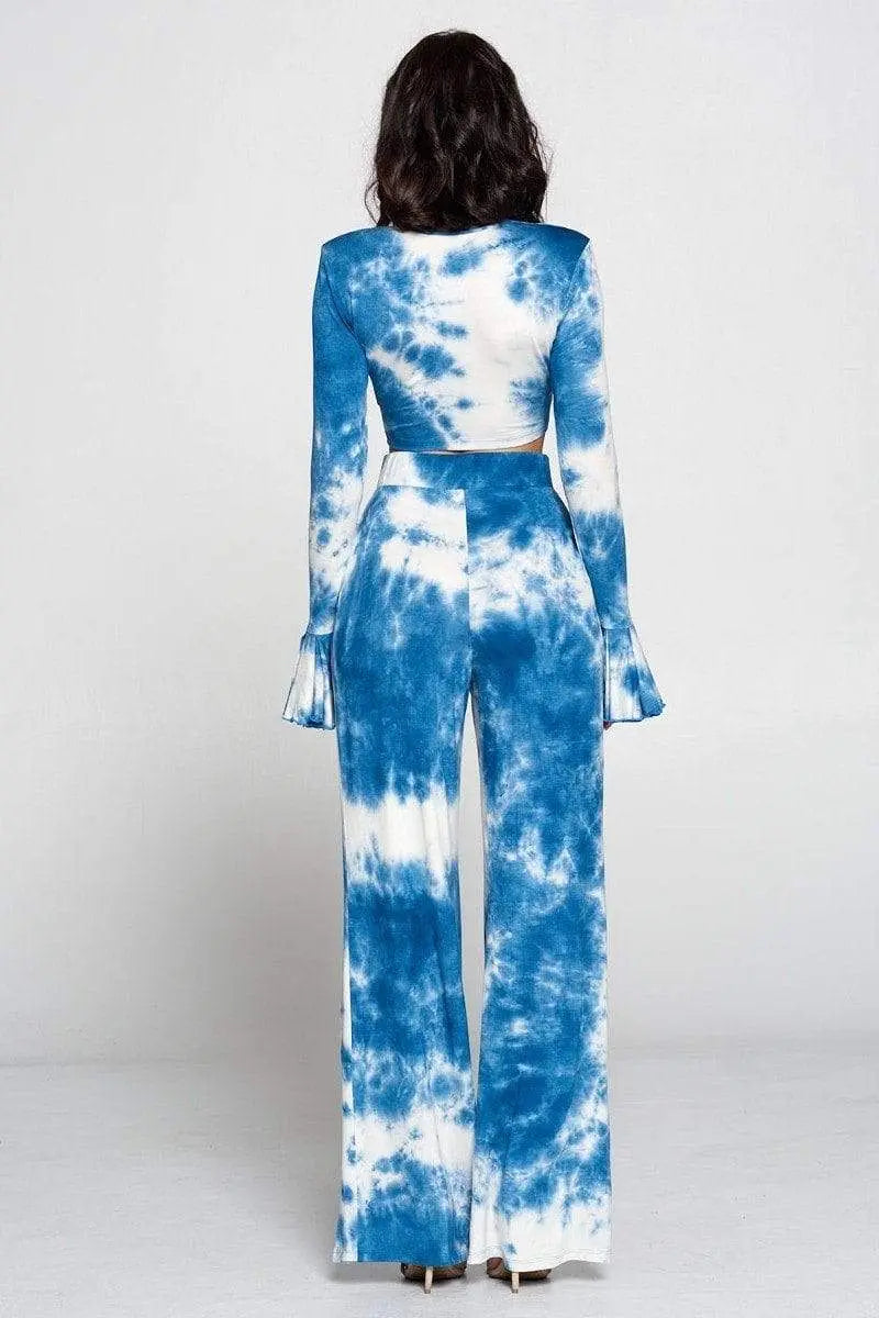 Tie-Dye Front Tie Top And Wide Leg Pants Set Blue Zone Planet