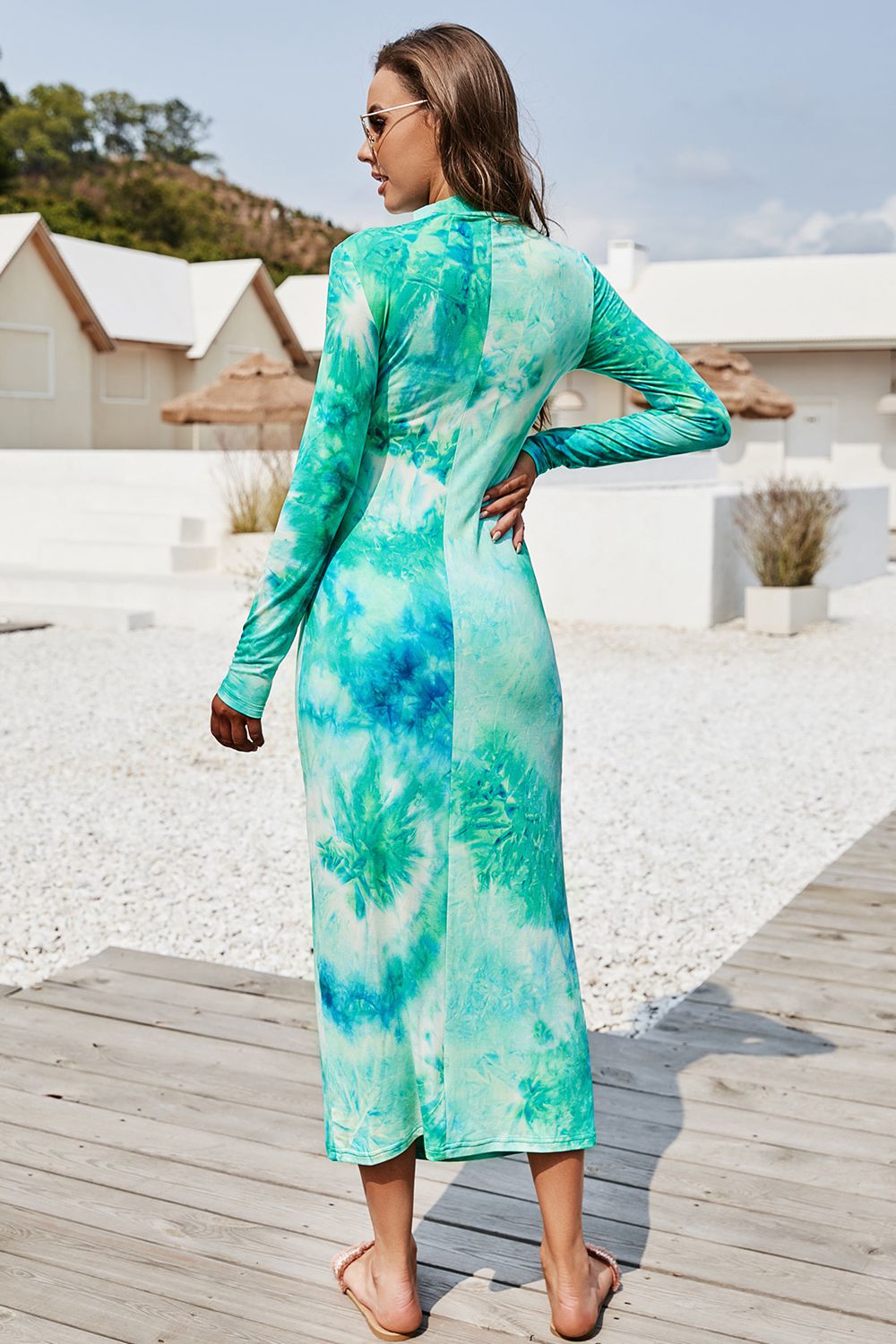 Tie Dye Mock Neck Long Sleeve Dress BLUE ZONE PLANET