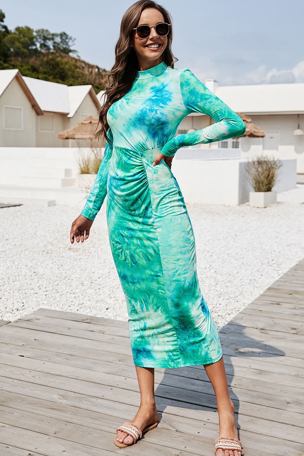 Tie Dye Mock Neck Long Sleeve Dress BLUE ZONE PLANET