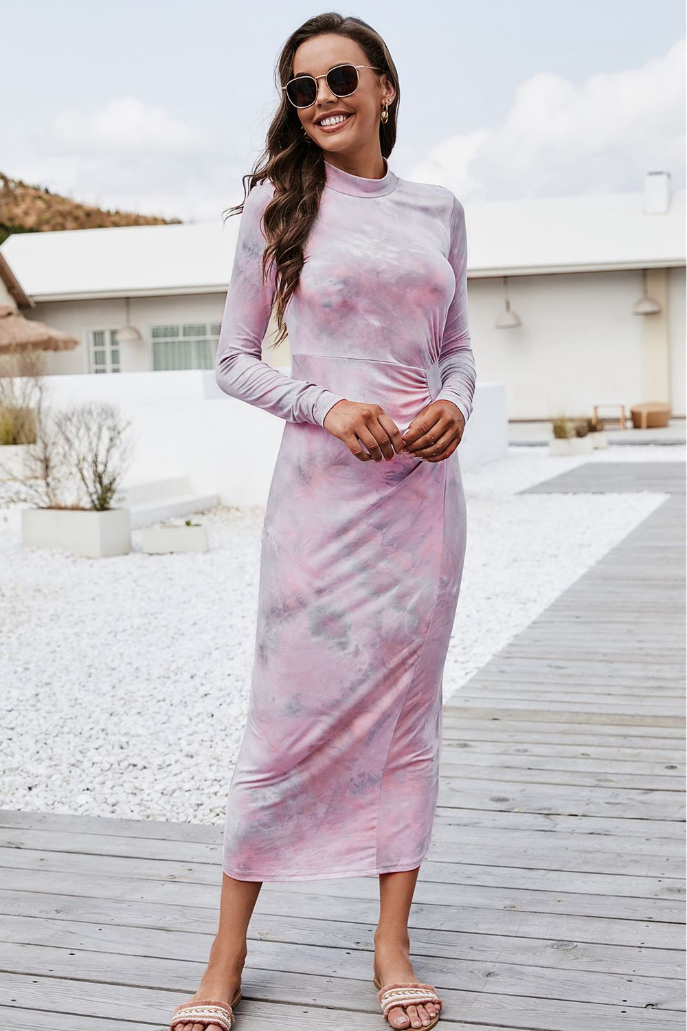 Tie Dye Mock Neck Long Sleeve Dress BLUE ZONE PLANET