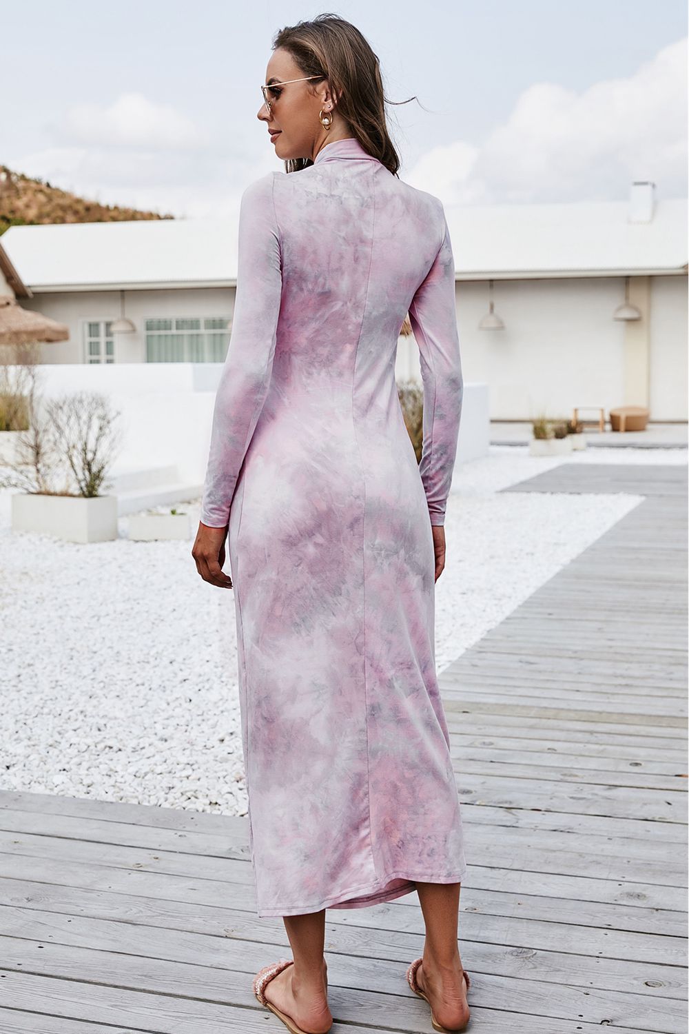 Tie Dye Mock Neck Long Sleeve Dress BLUE ZONE PLANET