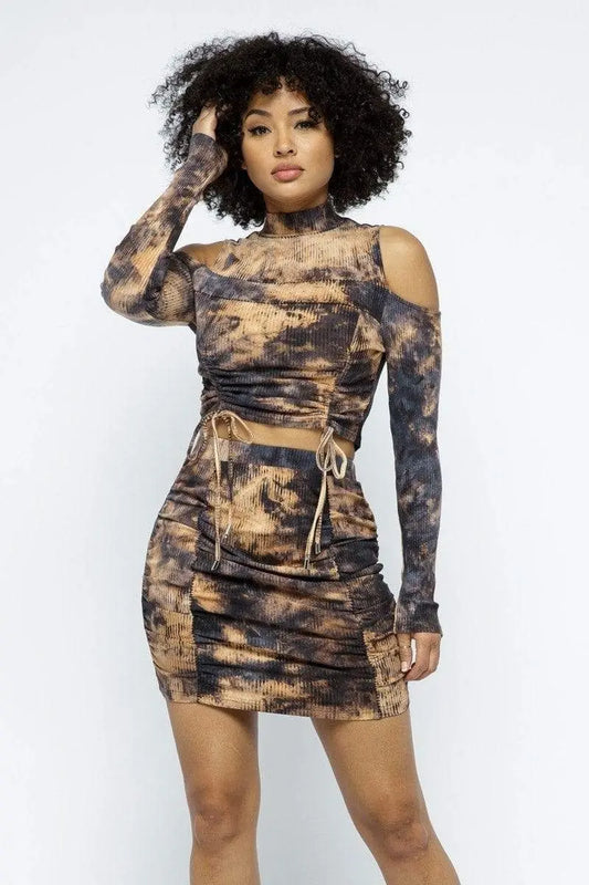 Tie-Dye Open Shoulder Long Sleeve Top And Matching Skirt with Ruching Details Blue Zone Planet